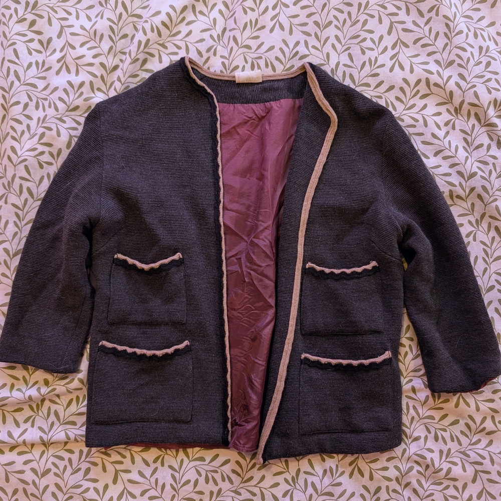 50s Vintage Dark Gray Cardigan with Cream And Black Trim